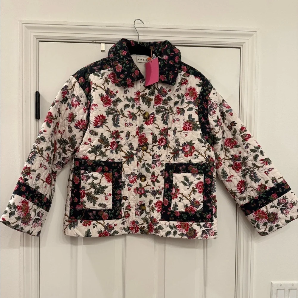 NWT Rhode Emil Jacket Quilted Black Pink Floral Button Coat Small - Picture 7 of 11
